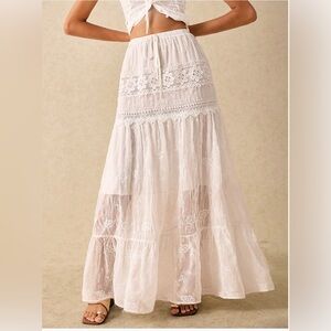 White Elegant Embroidered Tiered Design Maxi Skirt